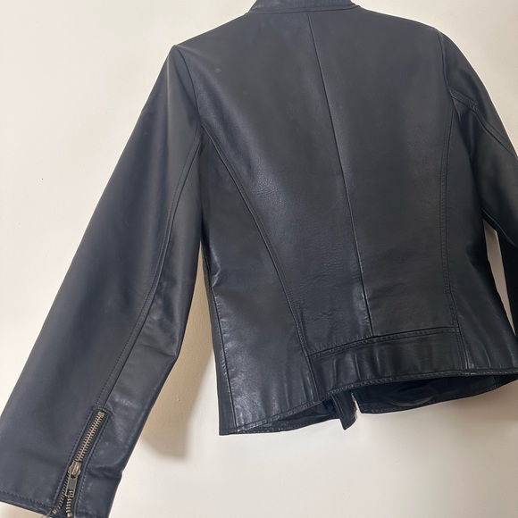 Eileen Fisher Leather black moto biker jacket Asymmetrical zip size small - Picture 13 of 16